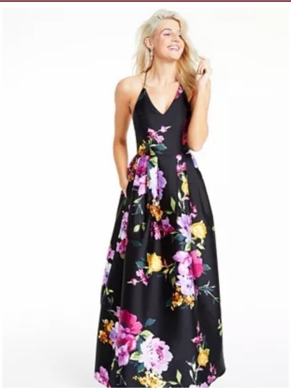 BCX Black Halter Floral Maxi Dress with Pink & Yellow Blooms
